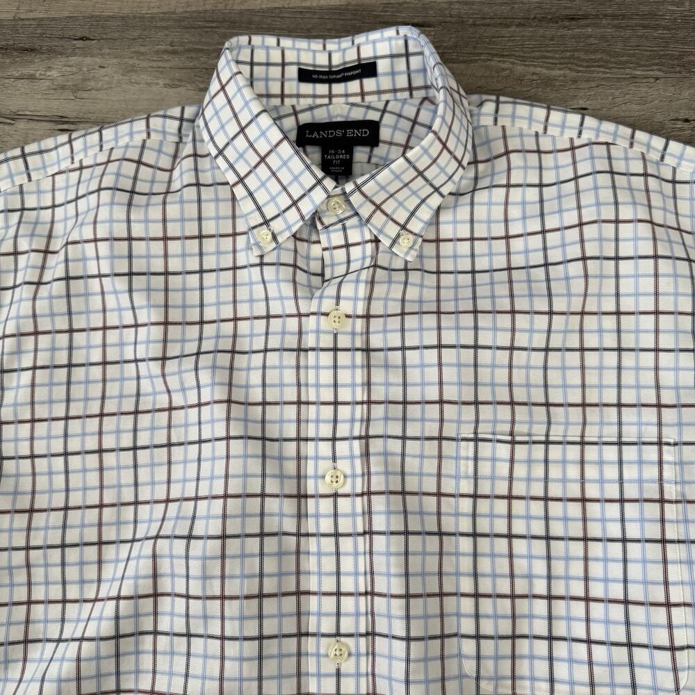 Lands End Shirt Mens 16-34 Plaid Check Non-Iron Supima Cotton Pinpoint Button Up